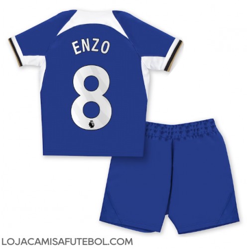Camisa de Futebol Chelsea Enzo Fernandez #8 Equipamento Principal Infantil 2023-24 Manga Curta (+ Calças curtas)
